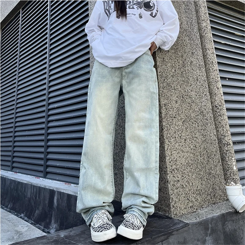 Men's Wear New Vintage Casual Jeans Yellow Mud Dyed Broad Leg Pants High Street Loose Straight Trousers Autumn and Winter Female