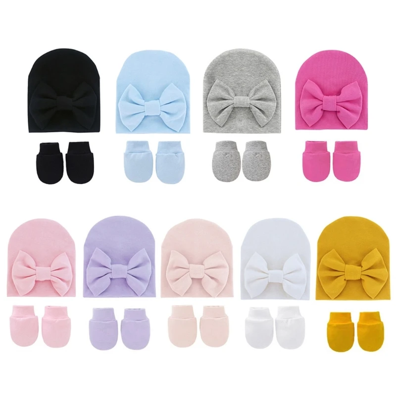 

2 Pcs Baby Anti Scratching Gloves Bowknot Hat Set Infants Soft Cotton Mittens Beanies Cap Kit for 0-3 Months Newborn Todddles