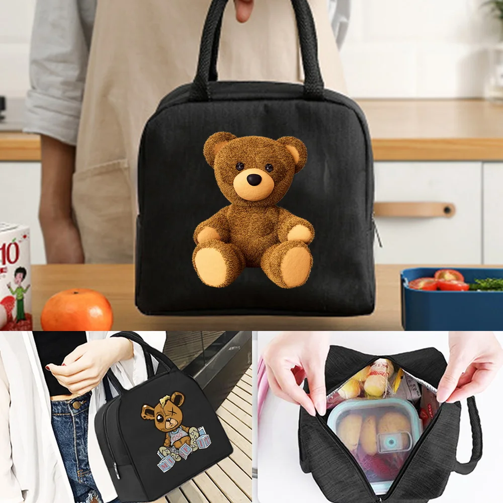 

Portable Lunch Bag for Women Insulated Canvas Cooler Tote Thermal Food Children Picnic Bags Lunch Bags for Work Bear Pattern