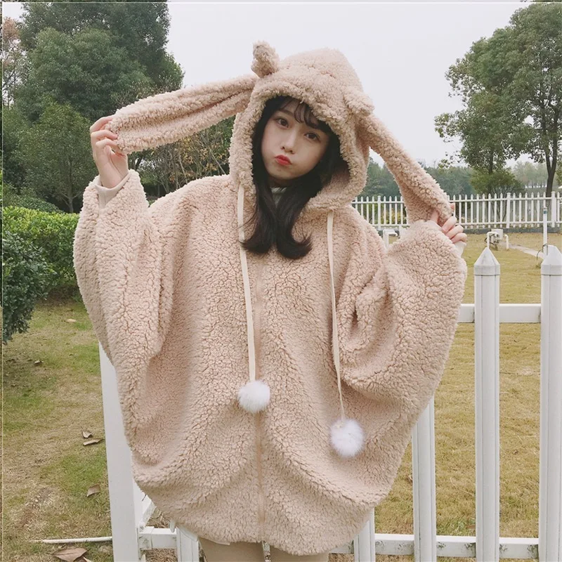 

New Kawaii Coat Girl Winter Warm Soft Faux Fur Batwing Sleeve Zipper Harajuku Teddy Coat Women's Cute Rabbit Ear Plush Hoodie