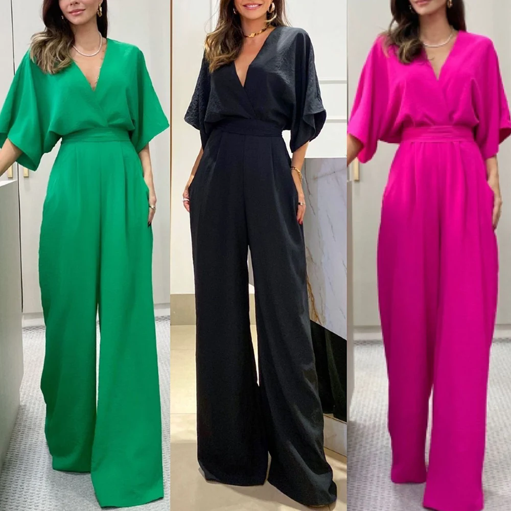 

Elegant Lace-up Hollow Loose Jumpsuit Women V-neck Batwing Sleeve Female Wide Leg Pants 2023 Summer New Office Solid Bodysuits