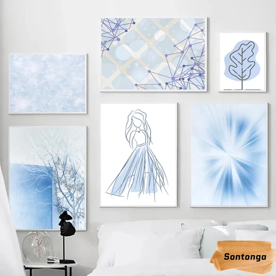 

Blue Abstract Lines Girl Leaves Canvas Painting Beautiful Princess Room Decoration Poster Clear Printing Hd Craft Pop Art Nordic