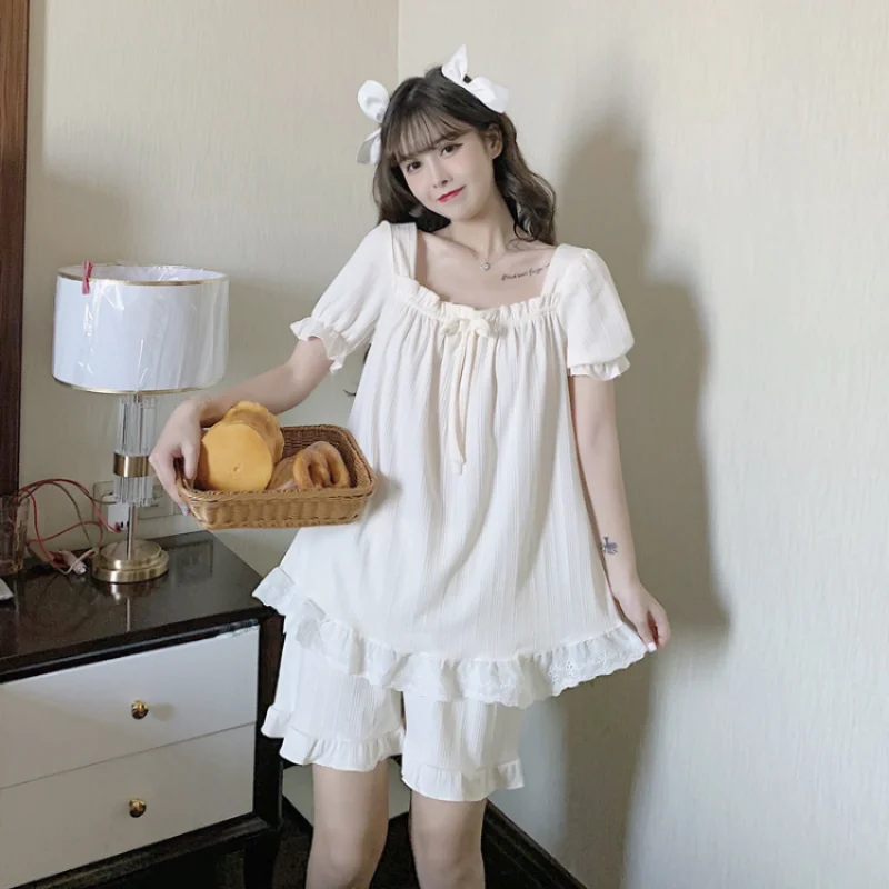 

Short Sleeve Shorts Square Neck Cotton Kawaii Pajamas for Girls Small Fresh Lace Loungewear Summer Set Women's Home Clothes