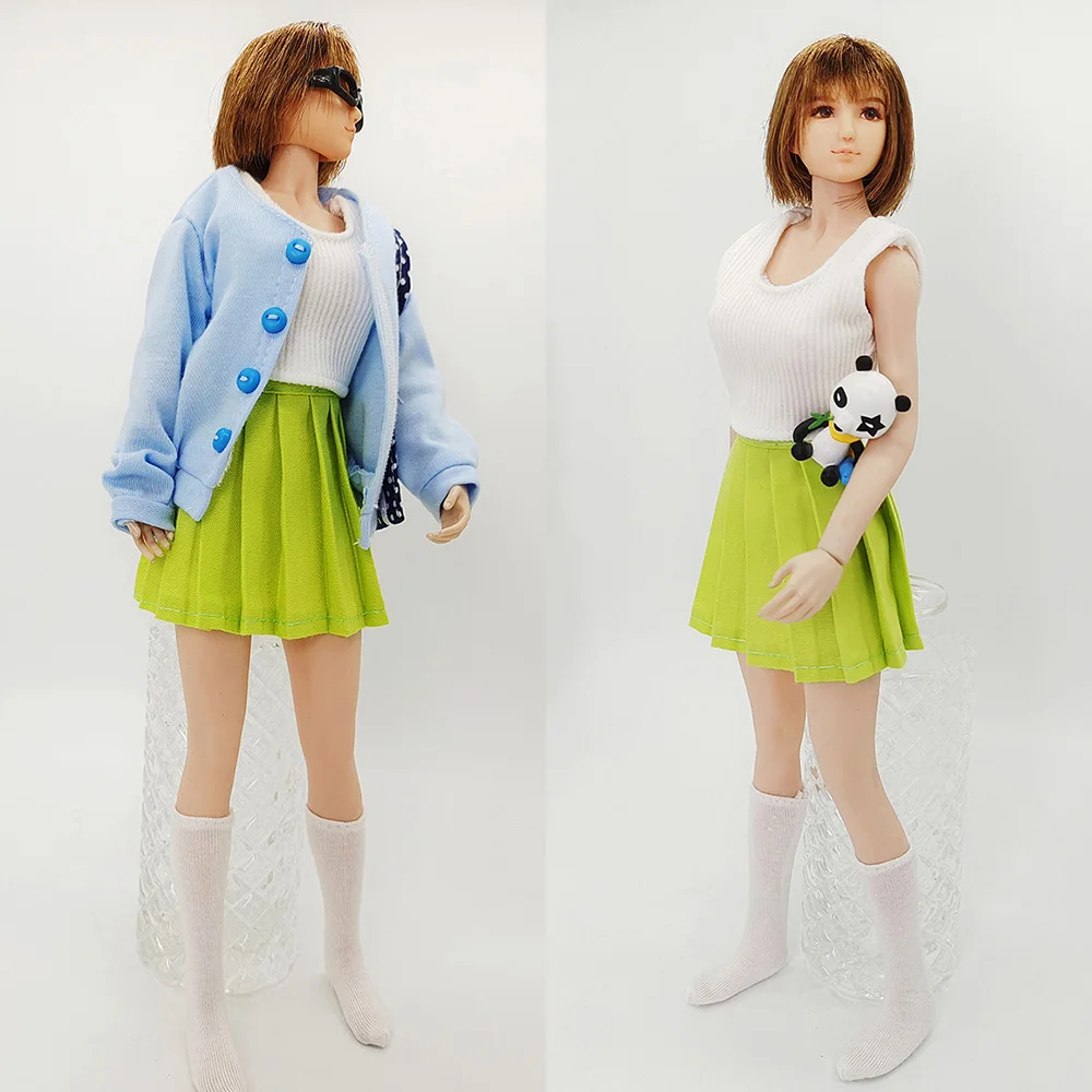 

1/6 Scale Women Soldier Cute Student Clothes Set Loose Coat Sleeveless Vest Pleated Mini Skirt for 12in Action Figure Model Toys