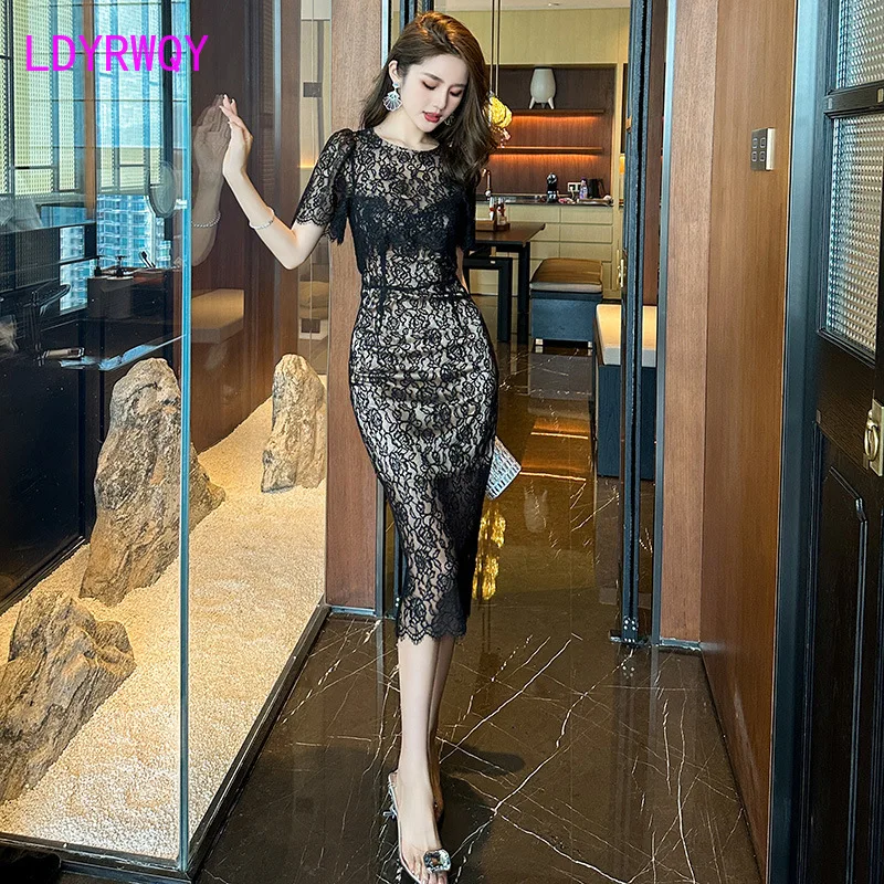 

2023 Summer New Celebrity Style Slim Fit Lace Dress for Women Polyester Knee-Length