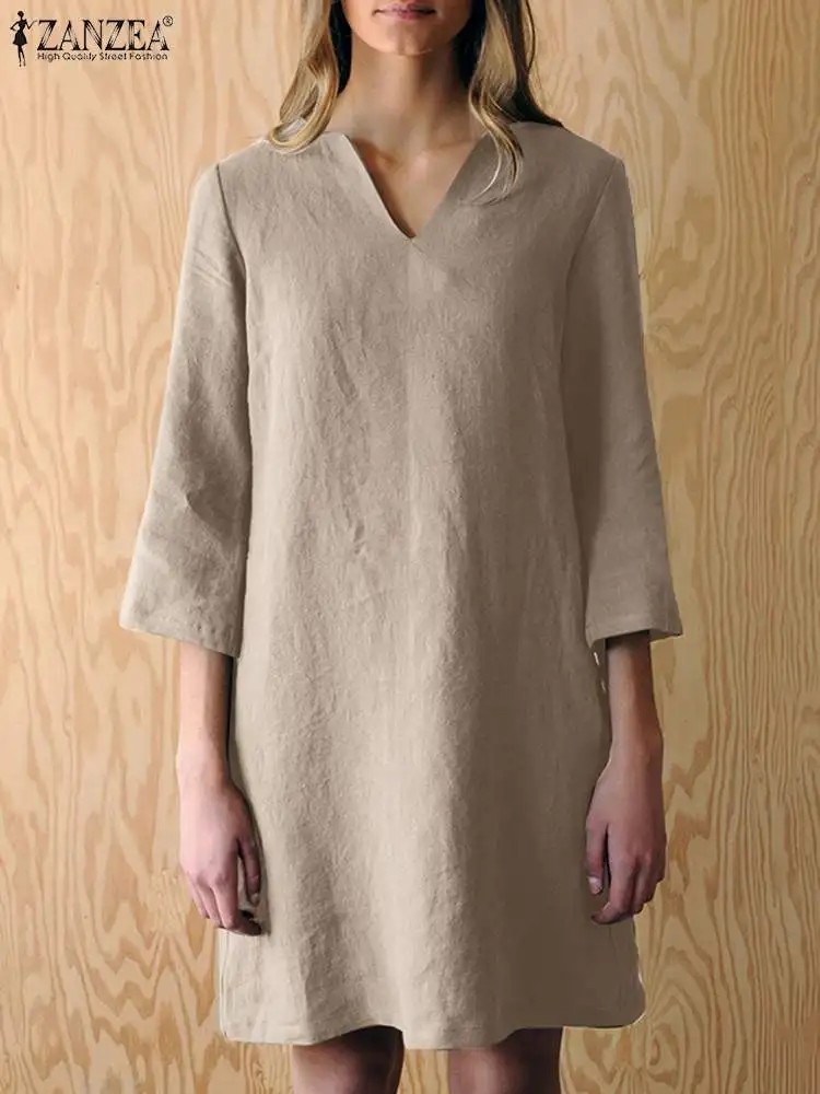 

Платье ZANZEA женское с коротким рукавом до колен, однотонное элегантное офисное модное сарафан из чистого хлопка с V-образным вырезом, на лето