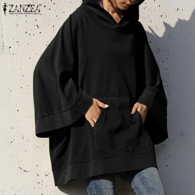 

Осенние повседневные толстовки ZANZEA большого размера с длинным рукавом, свитшоты, стильный свободный Однотонный женский пуловер с капюшоно...