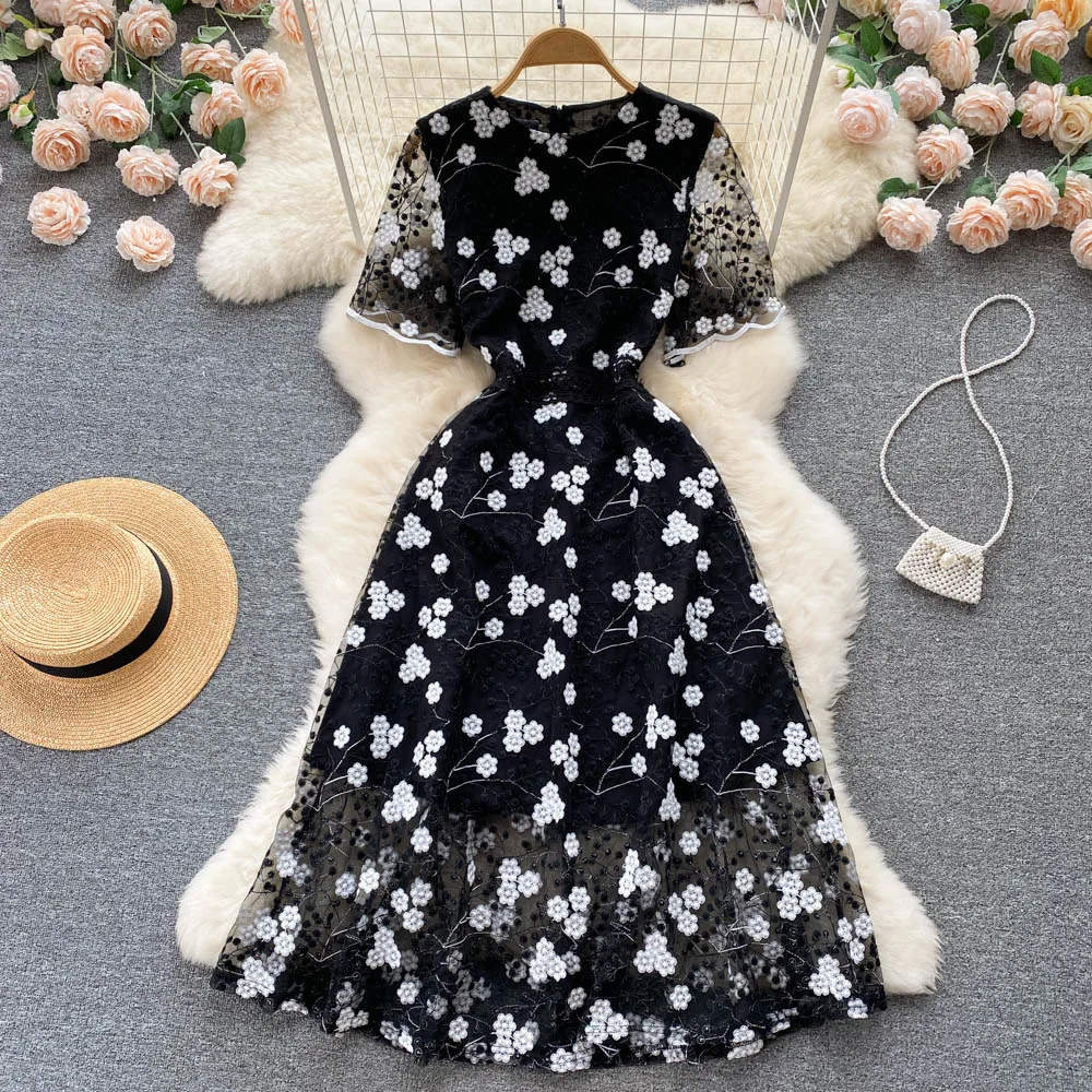 

WEIHAOBANG 2022 Summer Women's New Mesh Embroidery Flower Round Neck Short Sleeve Slim Dress Leisure Long A-line Skirt