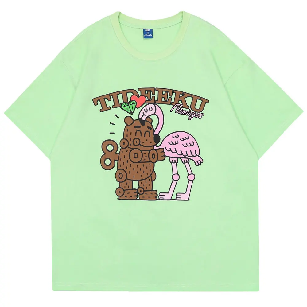 T Shirts Funny Cartoon Flamingo Bear Print Cotton O-neck Tees Tshirt 2022 Summer Streetwear Casual Hip Hop Oversized T-shirt Men |