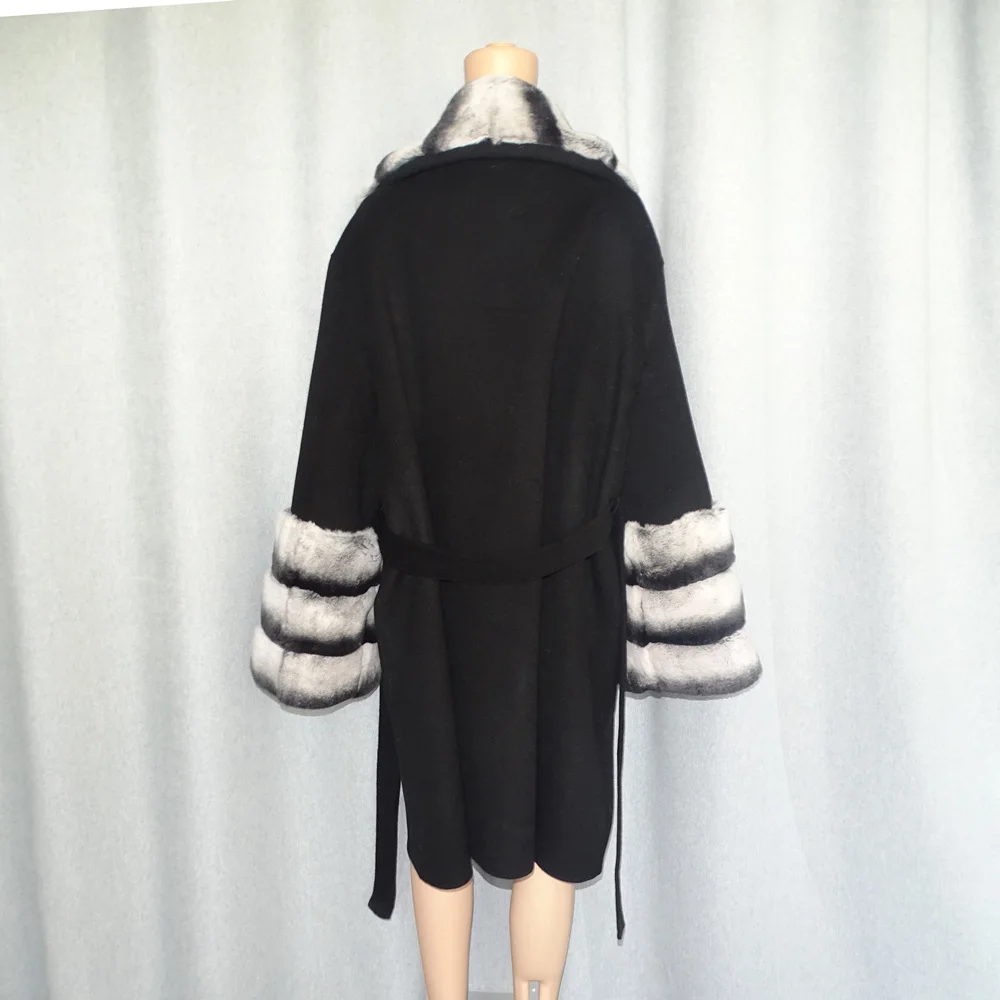 100% Wool Jacket Women Winter Real Fur Coat Lexus Rex Rabbit Fur Collar Long Black Coat Fashion Warm Lady Streetwear