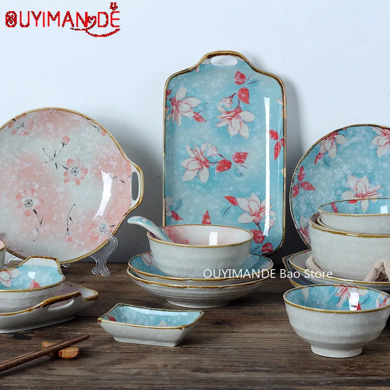 

OUYIMANDE Japanese Style Retro Magnolia Flower Underglaze Ceramic Household Meal Plate Dish Spoon Noodle Soup Porridge Bowl