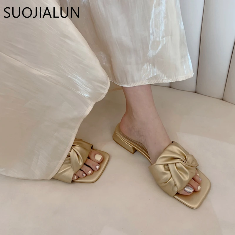 

SUOJIALUN New Brand Women Slipper Fashion Bow-knot Square Toe Slip On Low Heel Ladies Slides Summer Outdoor Beach Sandal Flip Fl