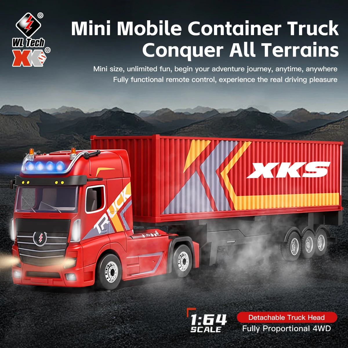 Фото Радиоуправляемый грузовик 1:64 с контейнером, 2.4G, 4WD, с фарами, мини-дрифт-трак, с отсоединяемой головой и 3-скоростной регулировкой №3