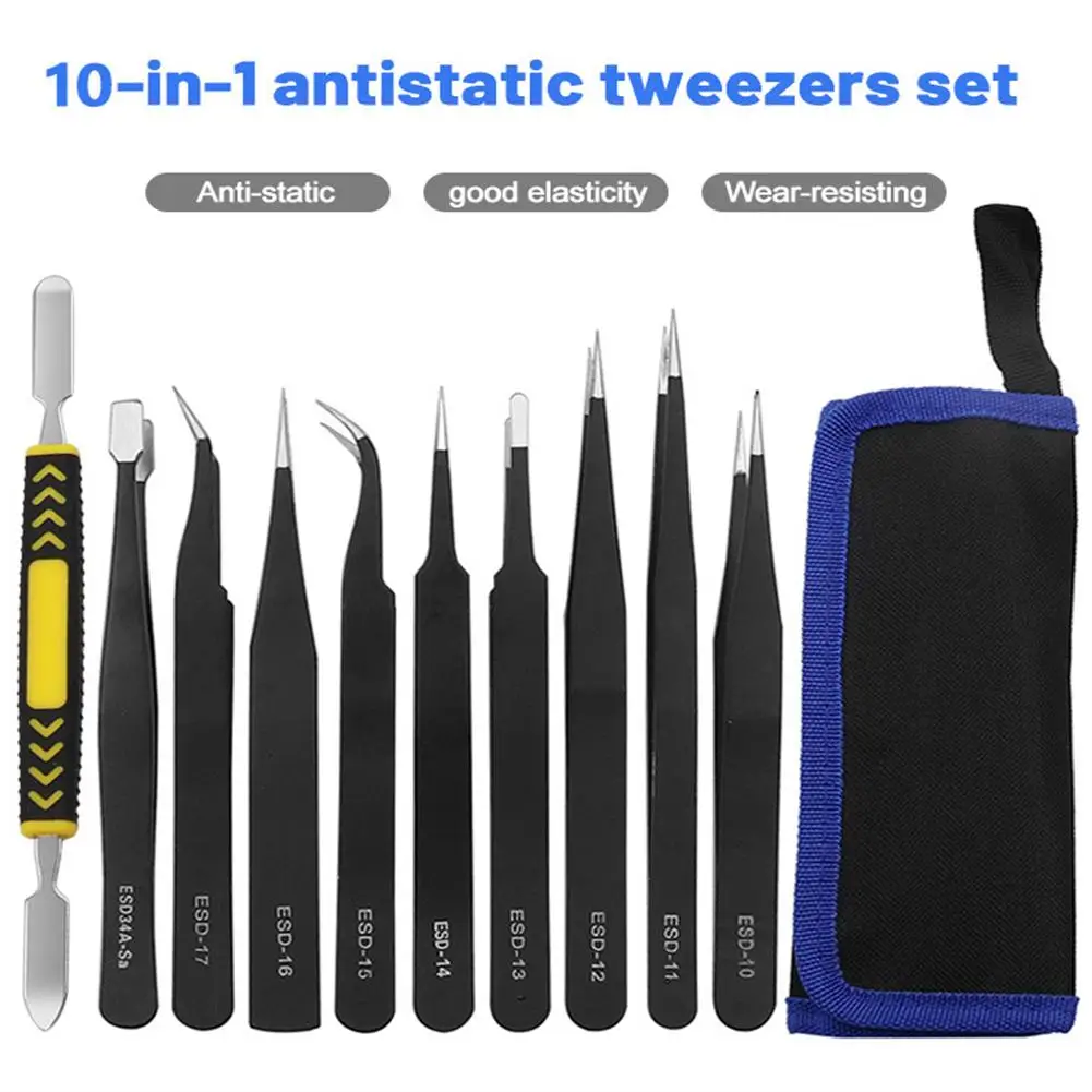 

NEW 10pcs Stainless Steel Tweezers Set Anti-static Esd Maintenance Tools With Disassembly Crow Bar Bag