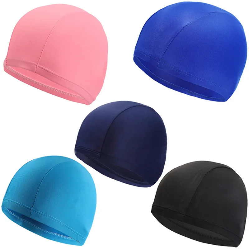 

New Swimming Cap Elastic Waterproof PU Fabric Protect Ears Long Hair Sports Swim Pool Hat Free Size for Men & Women Solid Color