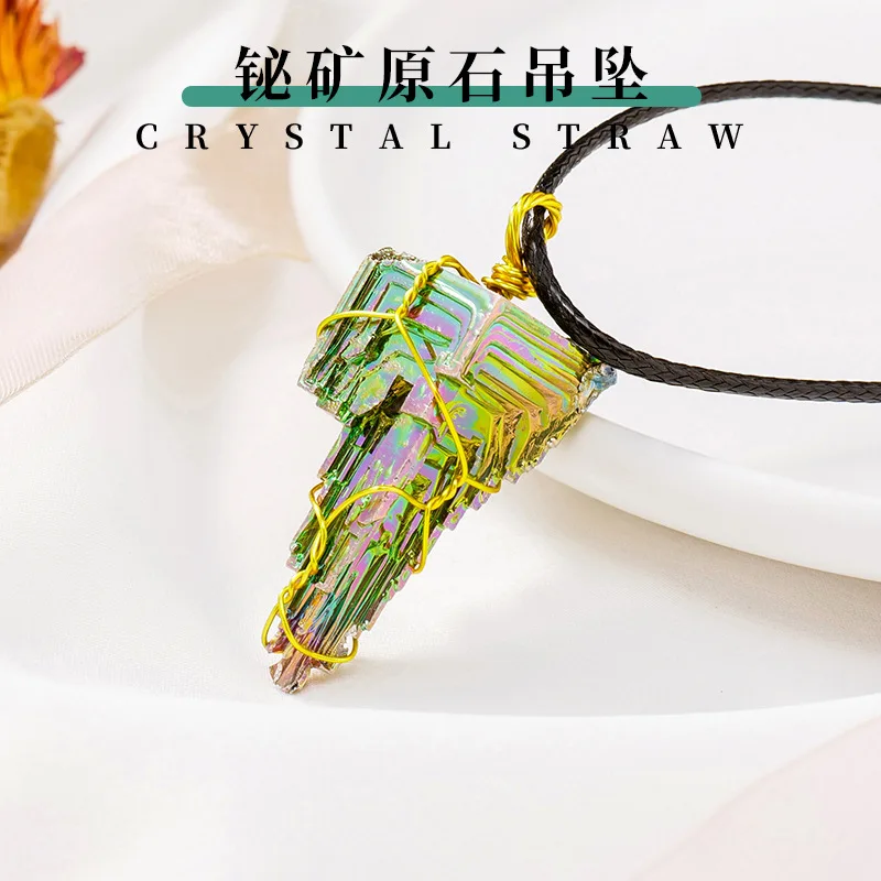 

Natural Crystal Bismuth mine pendant Rainbow Women Healing Reiki copper wire handmade wire rare metal green amulet necklace gift