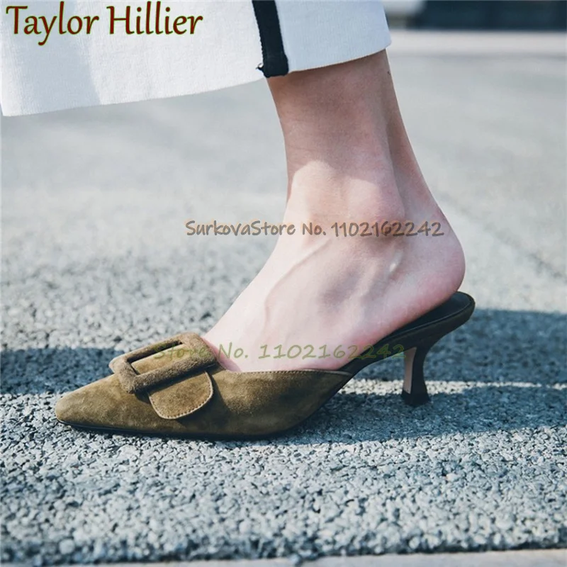 Замшевые тапочки на низком каблуке в стиле ретро неглубокие сандалии с острым