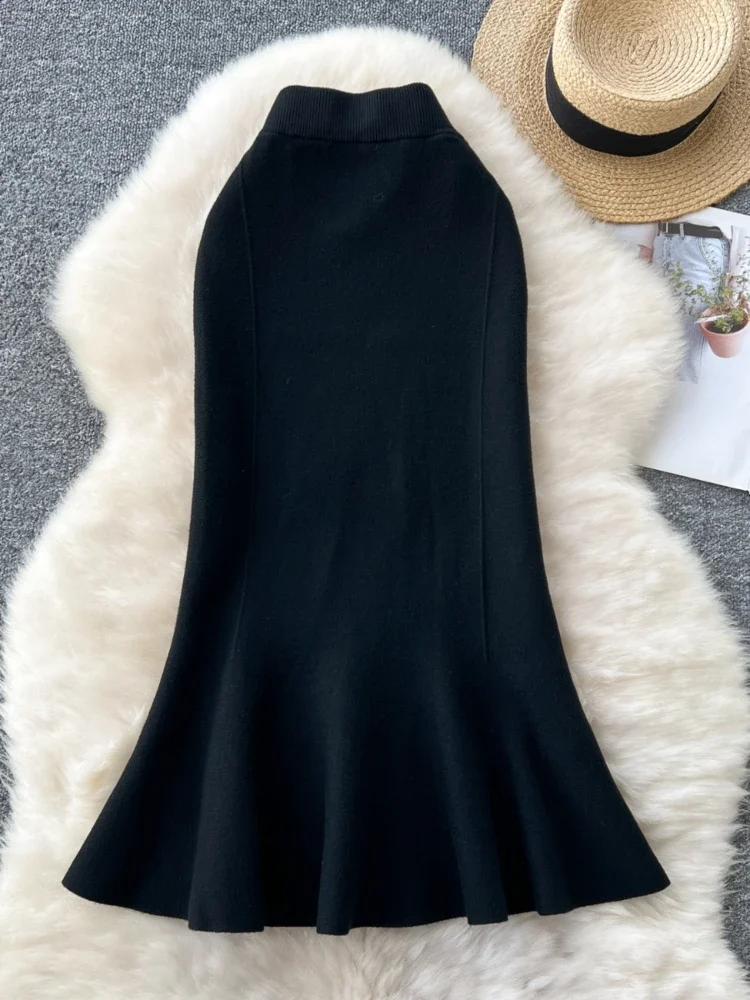 Винтажная трикотажная юбка с высокой талией женская офисная юбка-миди рюшами и