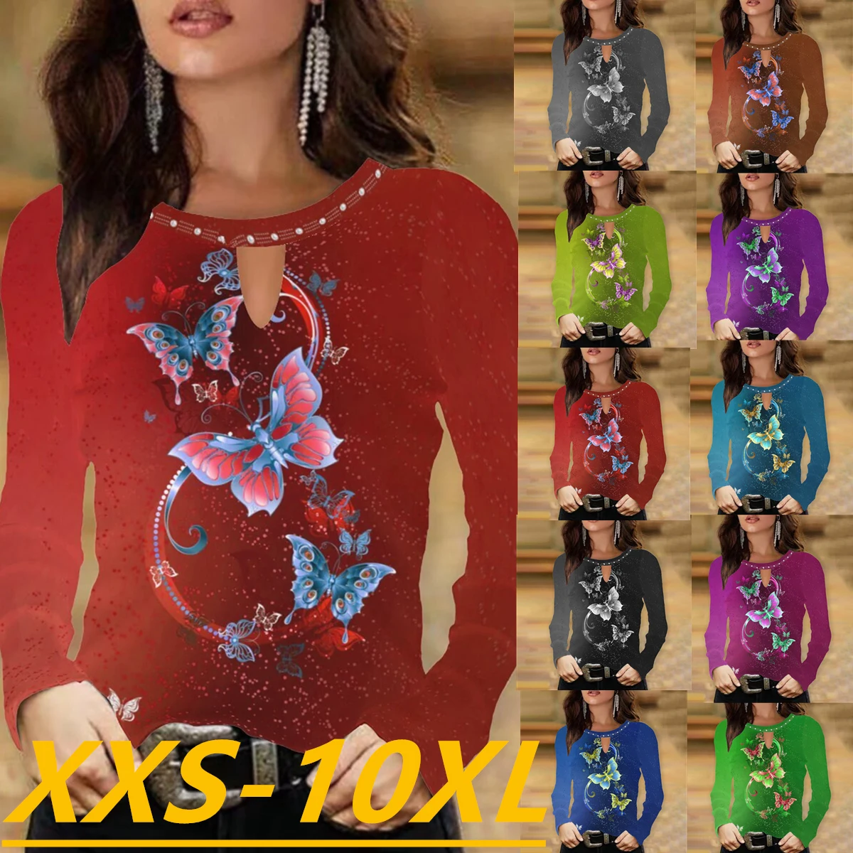 

Autumn/Winter 2022 Fashion Women's Butterfly Print Round Neck Long Sleeve Casual Plus Size Top XXS-10XL