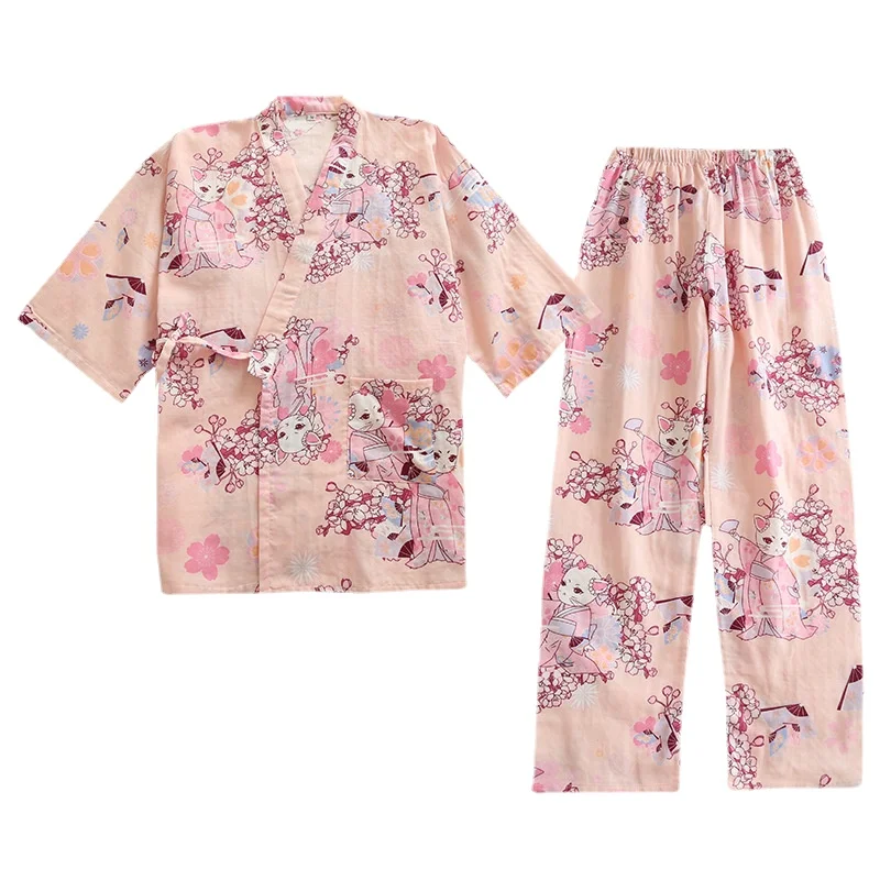 Cotton Double-layer Gauze Home Women's Sleepwear and Autumn Thin Three-quarter-sleeved Trousers  Sweat-steaming Two-piece Suit