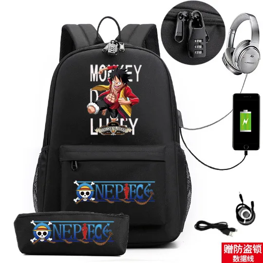 

Anime One Piece Backpack Luffy USB Charging School Bag Men and Women Large Capacity Travel Bag Children Students Birthday Gift