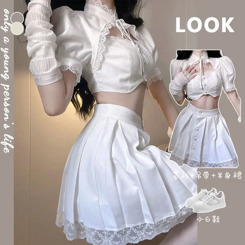 

Женский костюм из двух предметов, элегантный костюм из мини-юбки с топом с пышными рукавами и кружевной плиссированной юбки, лето 2022