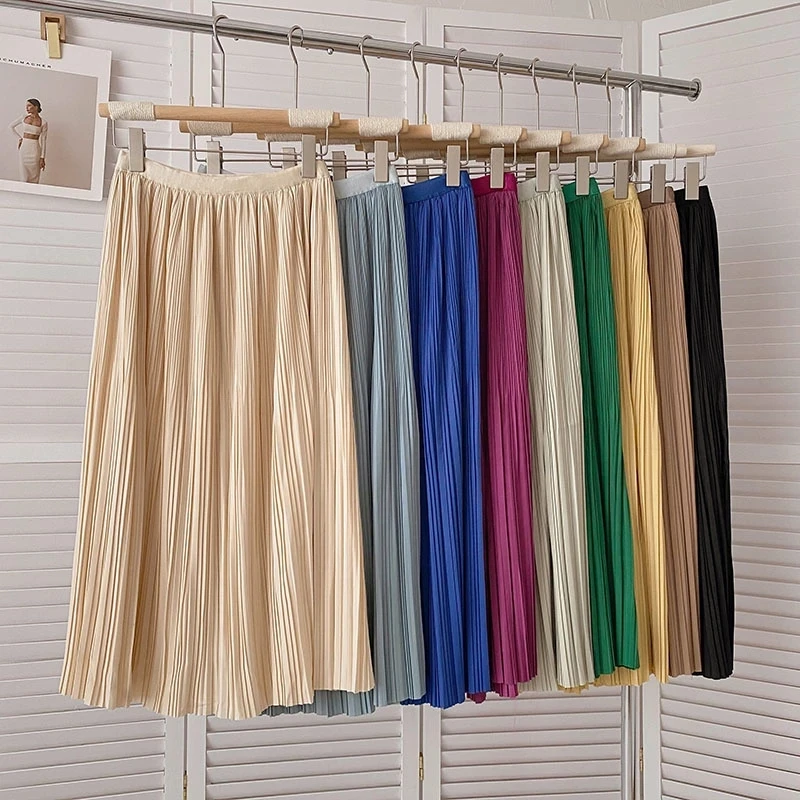 

Elegant Skirts Femme High Waist Candy Color Pleated Skirt Ladies 2022 Spring Summer Casual Midi Skirt Long A-line Skirt