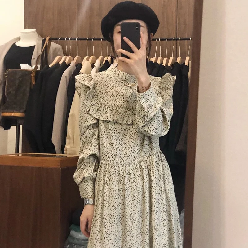 

Loose Bubble Sleeve Vintage Stand Collar Floral Ruffle Dress Vestidos De Mujer Long Robe Beach Dress Autumn