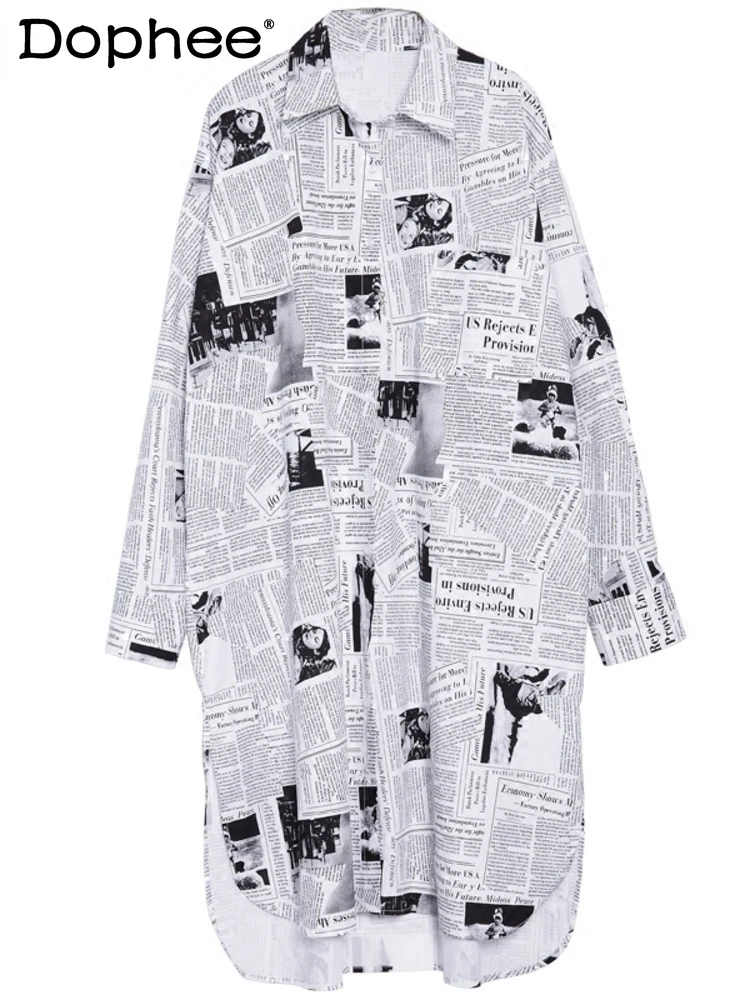 

2022 new Spring Autumn Lapel Long Sleeve White Printed Loose Irregular Big Size Long Shirt Women Blouse Fashion
