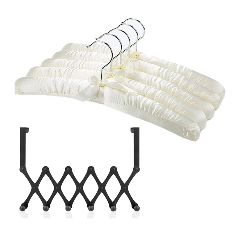 

HOT Expandable Over The Door Hook Hanger,Towel Rack And 6 Hooks With Satin Padded Hangers For Wedding Dresses