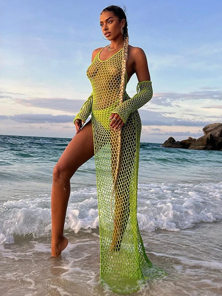 

Sexy Halter Hollow Out Fishnet Beach Maxi Dress for Women 2022 Summer Sleeveless Slit Holiday Long Dresses Transparent Outfits