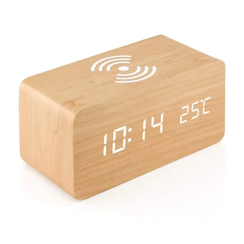 Wooden Alarm Clock With Qi Wireless Charging Pad Compatible With For Iphone Samsung Wood Led Digital Clock Sound Control Functio