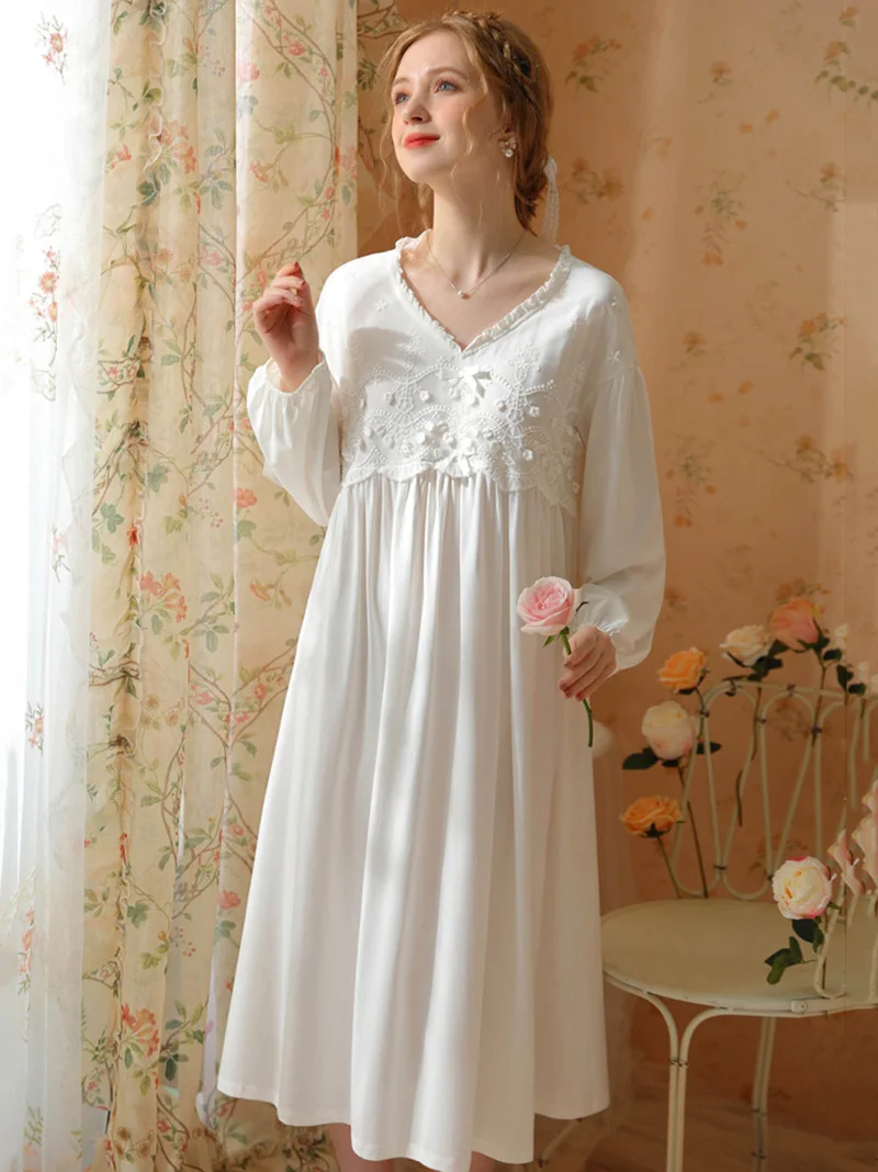 Women's Spring Autumn Cotton Fairy Long Sleeve V-Neck Princess Nightdress Vintage Pajamas Sweet Loose Victorian Dress 2023 New