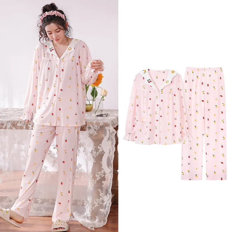 New Fresh Cotton Floral Sleepwear Women Spring Autumn Home Clothes Lapel Long Sleeve Shirt Pant Suit Female Pajamas M-4XL