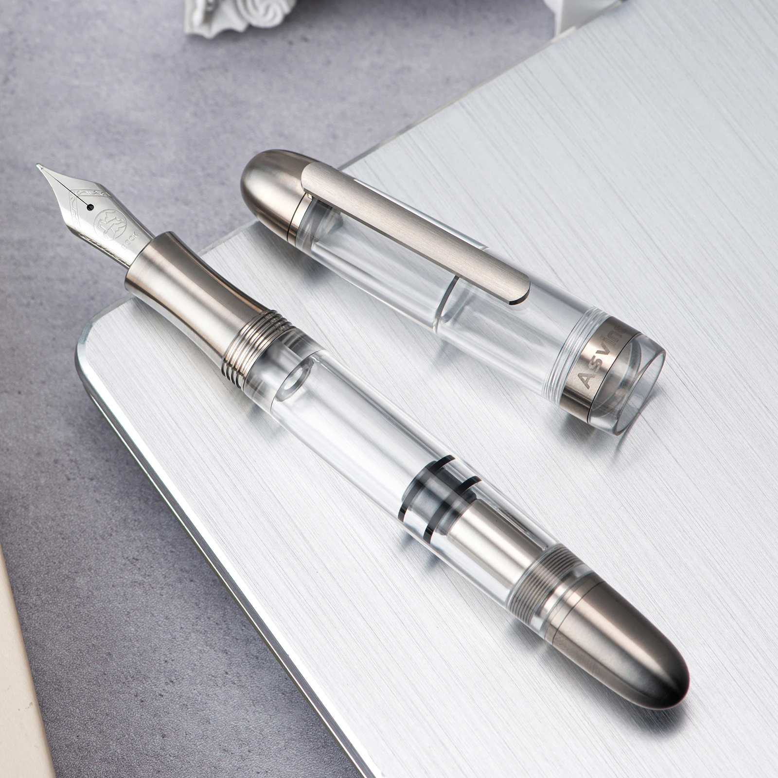 Asvine P36 Piston Filling Fountain Pen Bock / Asvine EF/F/M Nib, Titanium & Acrylic Smooth Writing Office Gift Pen