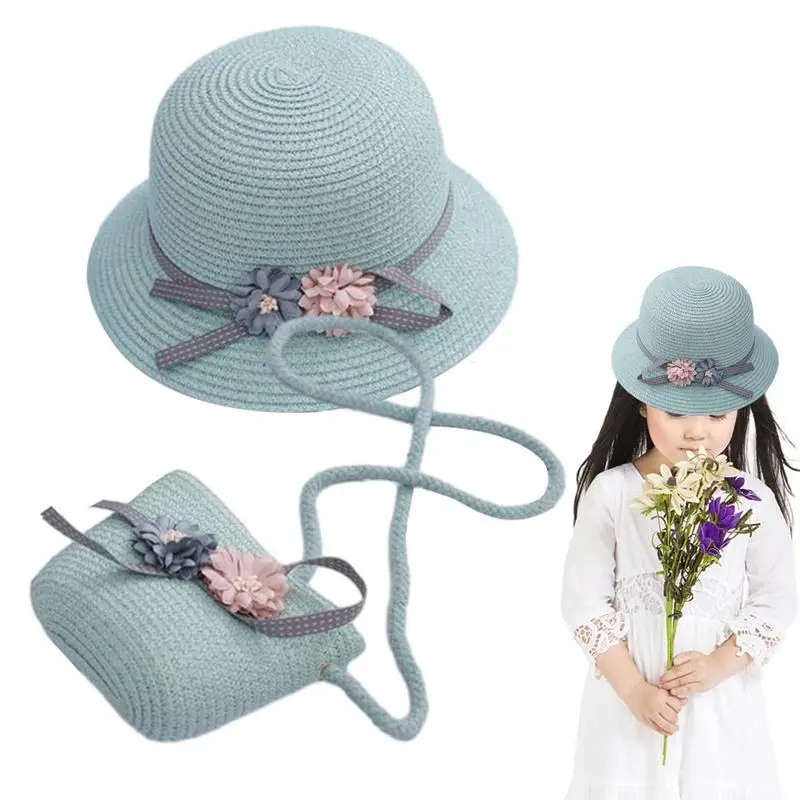 

Girls Summer Straw Hat Little Girls Pocket Shoulder Bag And Floral Sun Hat With Elastic Chin Strap Summer Essentials For Daily