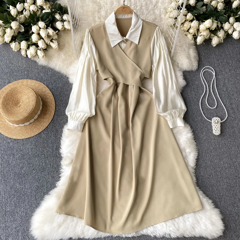 

Новинка Весна 2023, платье с воротником-куклой во французском стиле, женское фальшивое платье с двумя вставками и завышенной талией, нежное ск...