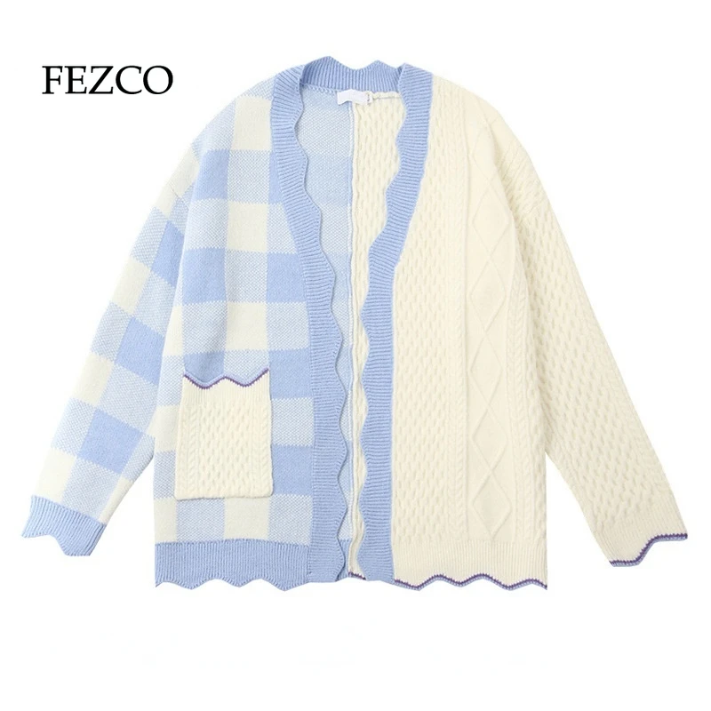 

FEZCO Spring Autumn Women Loose Sweet Fashion Design Plaid Patchwork Cardigan Coat Kawaii Japanese Korean Style Girls Top Outfit