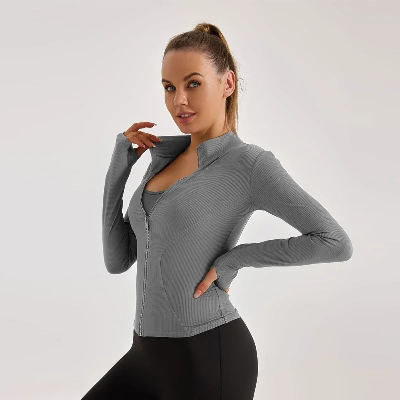 Stand Collar Yoga Suit Ribbed Seamless Sports Zipper Jacket Women Long Sleeved Running Training Fitness Top Windproof 2024