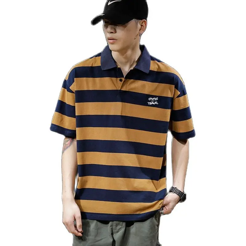 

Summer Japanese loose stripe short-sleeved M-4XL large men's half-sleeved shirt with enlarged polo shirt