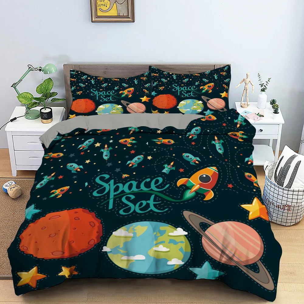 

Cartoon Planet Bedding Sets Space, Rocket and Stars Duvet Cover with Pillowcase Kids Comforter Cover Single Double Home Bed Set