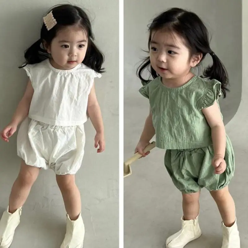 

Toddler Girl Sweet Open Back Tie Flying Sleeves T-shirt And Thin Breathable Bread Shorts 2pc Set Baby Girls Summer Fashion Suit