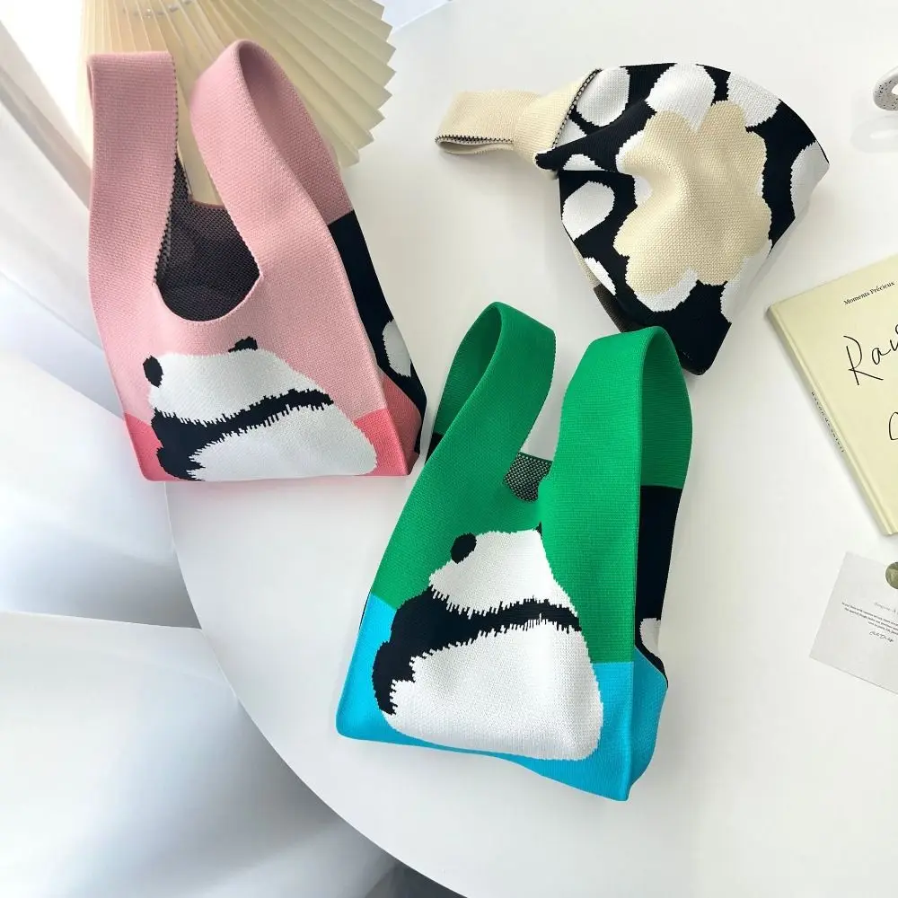 

Casual Panda Pattern Knitted Handbag Reusable Handmade Eco Knit Tote Bag Shopping Bags Women Storage Bag Wrist Bag