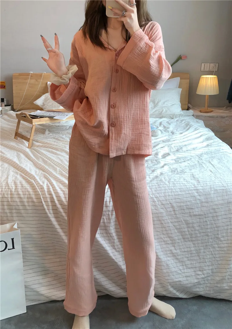 Orange Single Breasted Shirts + Trousers 100% Cotton Casual Two Piece Home Suit Vintage Sleepwear Loose Pajamas Set Solid