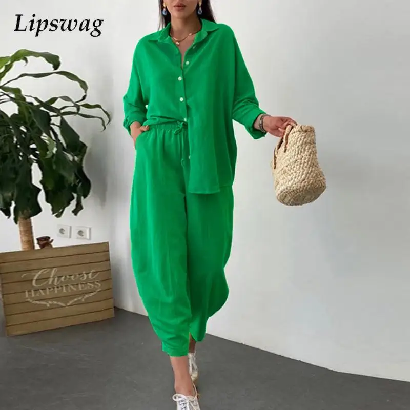 

Casual Turn-down Collar Two Piece Set Autumn Fashion Solid Button Top Blouse Elastic Waist Long Outfits Women Long Sleeve 2pcs
