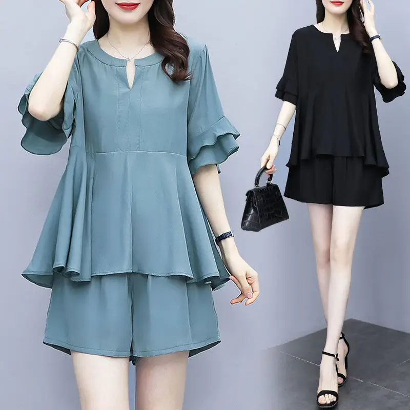 

Summer Casual Women's Shorts Suits Chiffon Clothing Short Sleeve Shirt Tops Loose Wide Leg Mini Shorts Two Piece Set 5XL J508