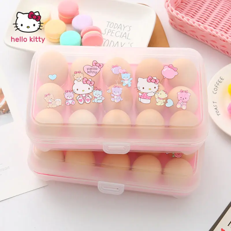 

Hello Kitty Cartoon Cute Egg Storage Box Refrigerator 15-Pack Fresh Plastic Shockproof Drop-Proof and Portable Egg Storage Box