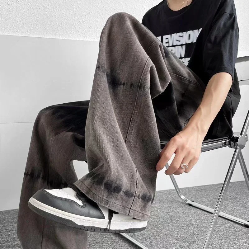 Grey Tie Dye Baggy Jeans Men Fashion Retro Casual Wide Leg Jeans Mens Japanese Streetwear Hip Hop Loose Denim Pants Men Trousers