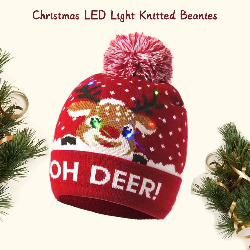 

2024 Christmas LED Light Knitted Beanies Glitter Sweater Santa Elk Pattern Hat Autumn And Winter Warm Cartoon Printed Woolen Hat