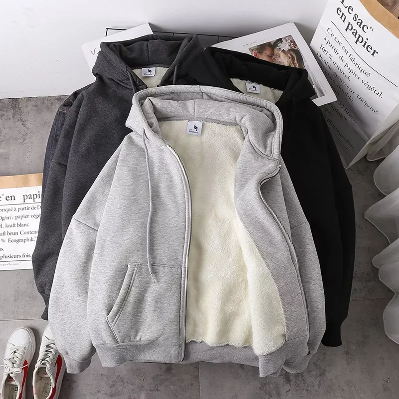 

New in 2022 Winter Hoodies Coat Plush Jackets Solid Color Velvet Thick Warm Coat Zipper Sweatshirt Tops Winter Plus Size Outwear
